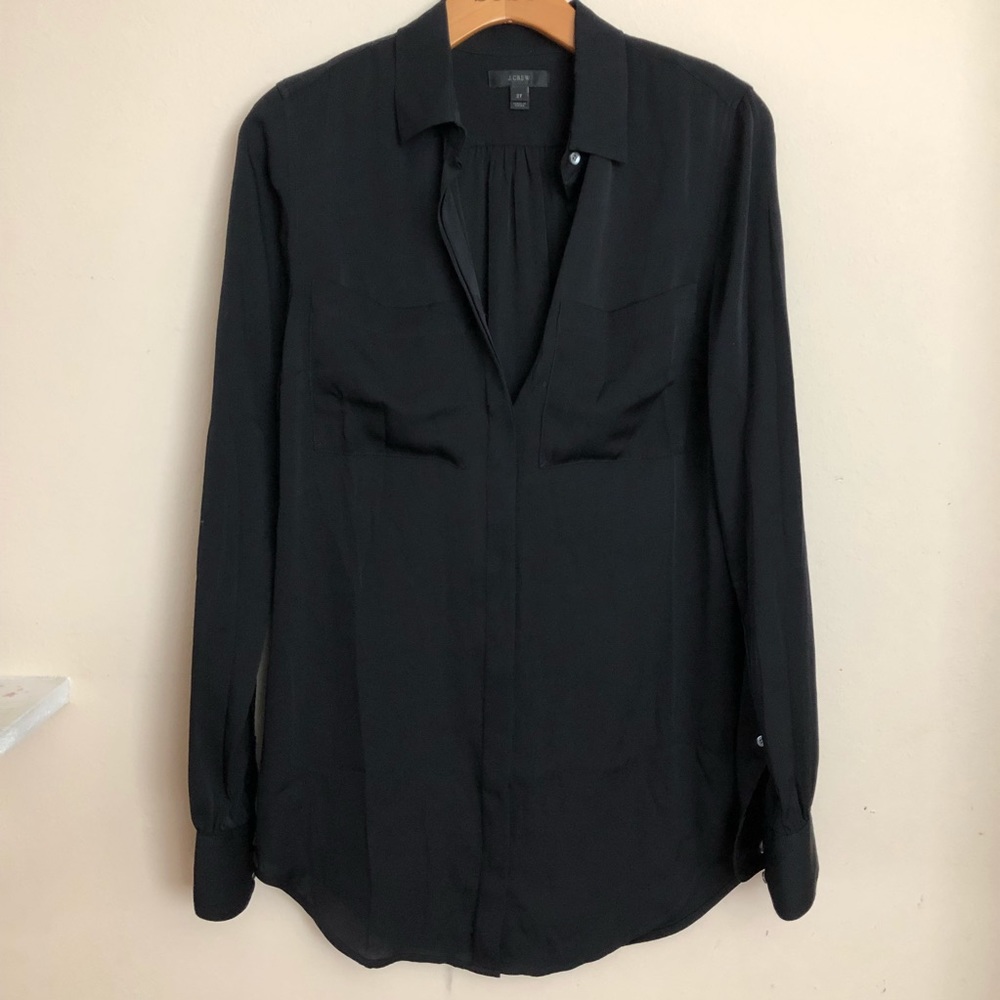 J. Crew black tall silk pocket blouse.